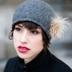 Julie Sinden Gray Wool Beanie with genuine Fur Pom handmade
